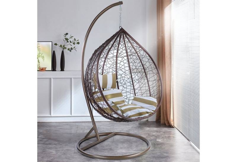 RAMROXX Hängesessel Hängesessel Miami XXL Polyrattan Korb + Gestell Kissen Braun Weiss von RAMROXX