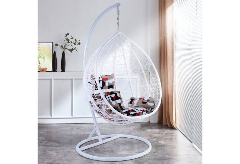 RAMROXX Hängesessel Hängesessel Miami XXL Polyrattan Korb Gestell weiss Kissen ModernStyle von RAMROXX