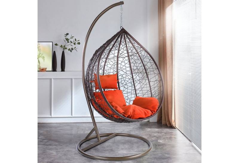 RAMROXX Hängesessel Hängesessel Miami XXL Polyrattan Korb und Gestell braun Kissen Orange von RAMROXX