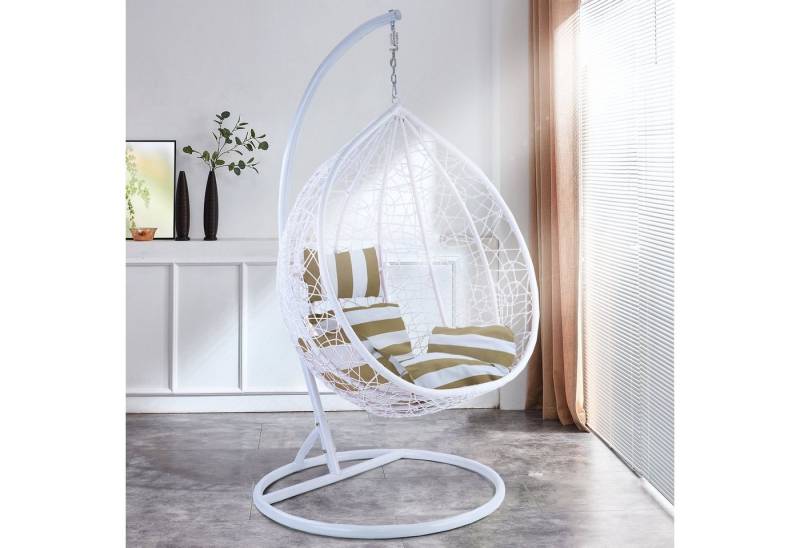 RAMROXX Hängesessel Hängesessel Miami XXL Polyrattan Korb und Gestell weiss mit Kissen von RAMROXX