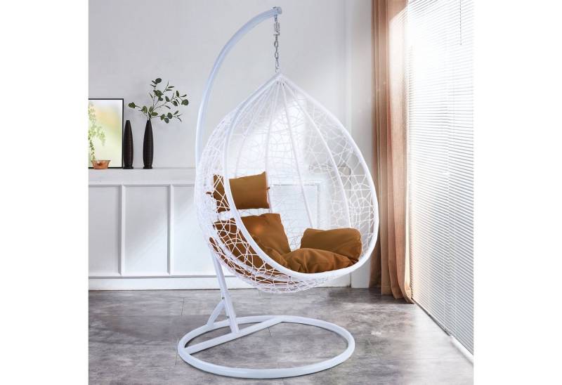 RAMROXX Hängesessel Luxus Hängesessel Miami XXL Polyrattan Korb weiss Kissen hellraun von RAMROXX