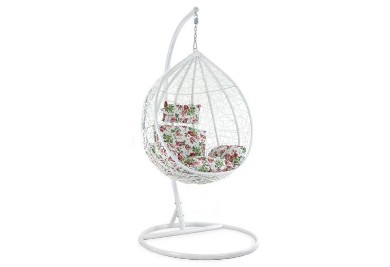 RAMROXX Hängesessel Luxus Hängesessel mit Gestell Weiss Sitzkissen Blumen XL + Cover Blau von RAMROXX