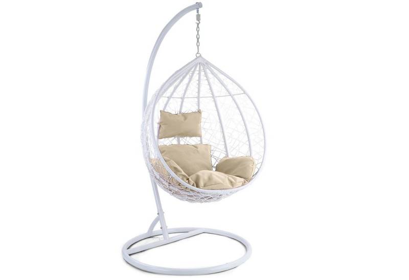 RAMROXX Hängesessel Luxus Miami XL Polyrattan mit Korb weiss Gestell weiss Kissen beige von RAMROXX