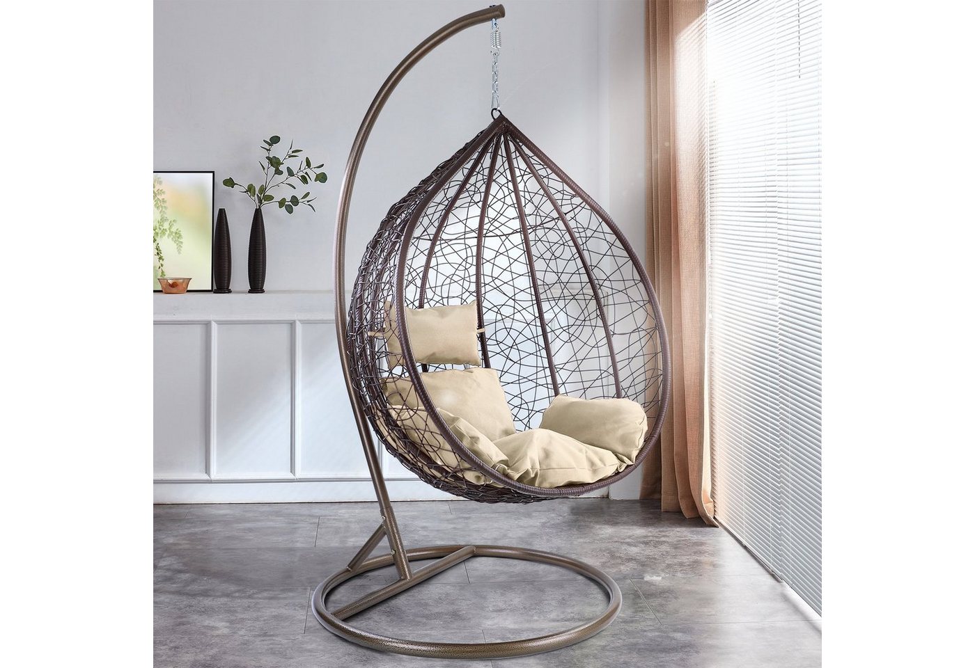 RAMROXX Hängesessel Luxus Miami XXL Polyrattan mit Korb braun Gestell braun Kissen beige von RAMROXX