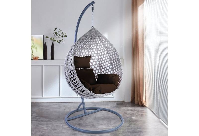 RAMROXX Hängesessel Luxus Style XL Polyrattan Korb grau Gestell grau Kissen dunkelbraun von RAMROXX