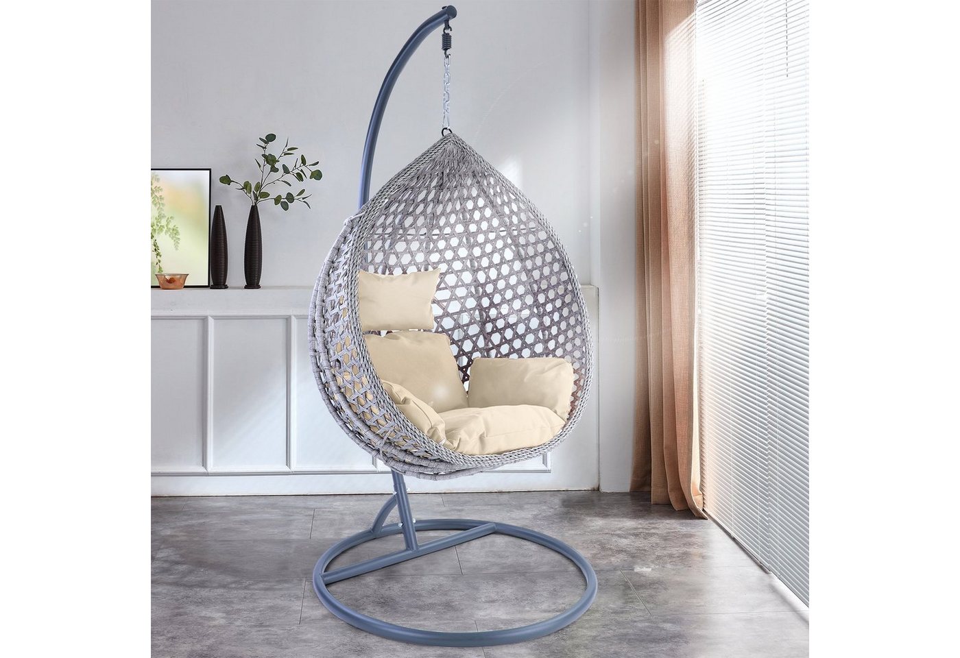 RAMROXX Hängesessel Luxus Style XL Polyrattan mit Korb grau Gestell grau Kissen beige von RAMROXX