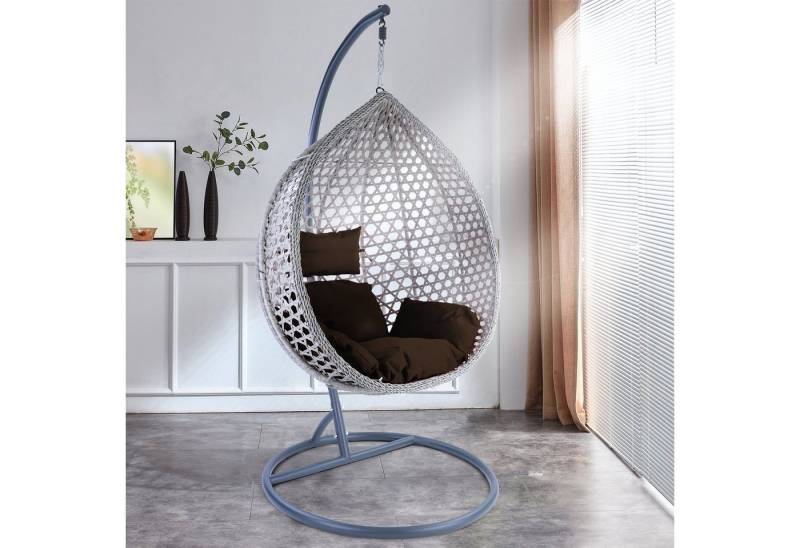RAMROXX Hängesessel Luxus Style XXL Polyrattan Korb grau Gestell grau Kissen dunkelbraun von RAMROXX