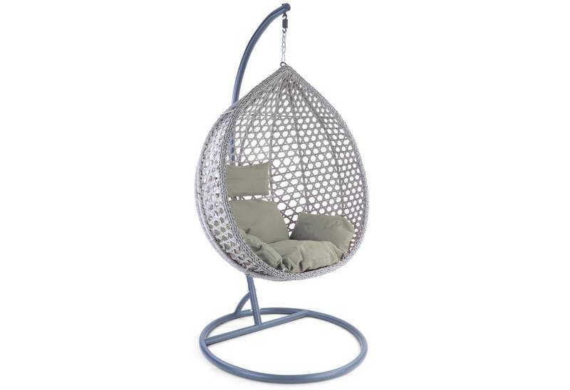 RAMROXX Hängesessel Luxus Style XXL Polyrattan Korb grau Gestell grau Kissen hellgrau von RAMROXX
