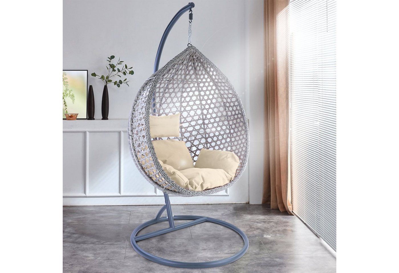 RAMROXX Hängesessel Luxus Style XXL Polyrattan mit Korb grau Gestell grau Kissen beige von RAMROXX