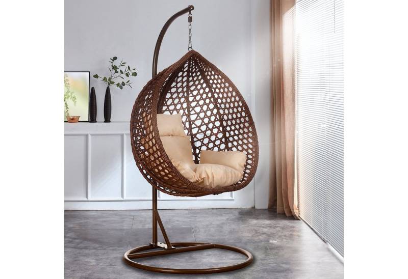 RAMROXX Hängesessel Luxus Style XXL Rattan Korb und Gestell Braun mit Relaxkissen Beige von RAMROXX