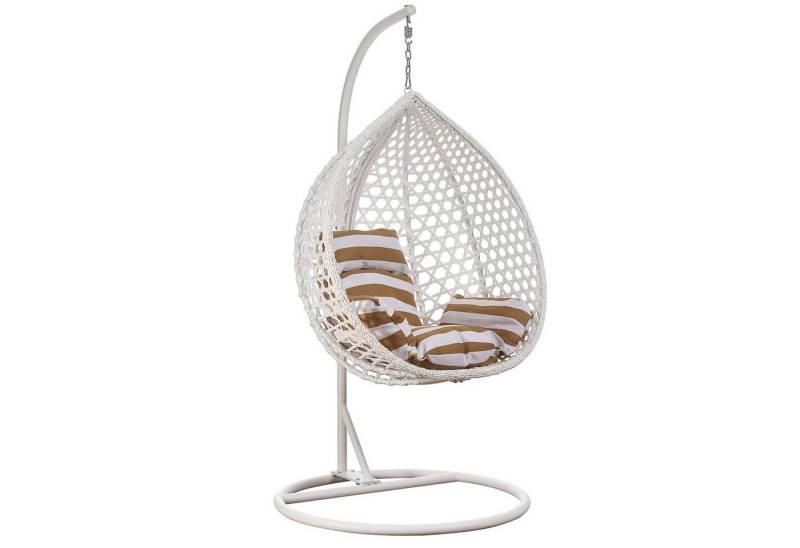 RAMROXX Hängesessel Luxus Style XXL Rattan Korb und Gestell Weiss mit Kissen Braun von RAMROXX