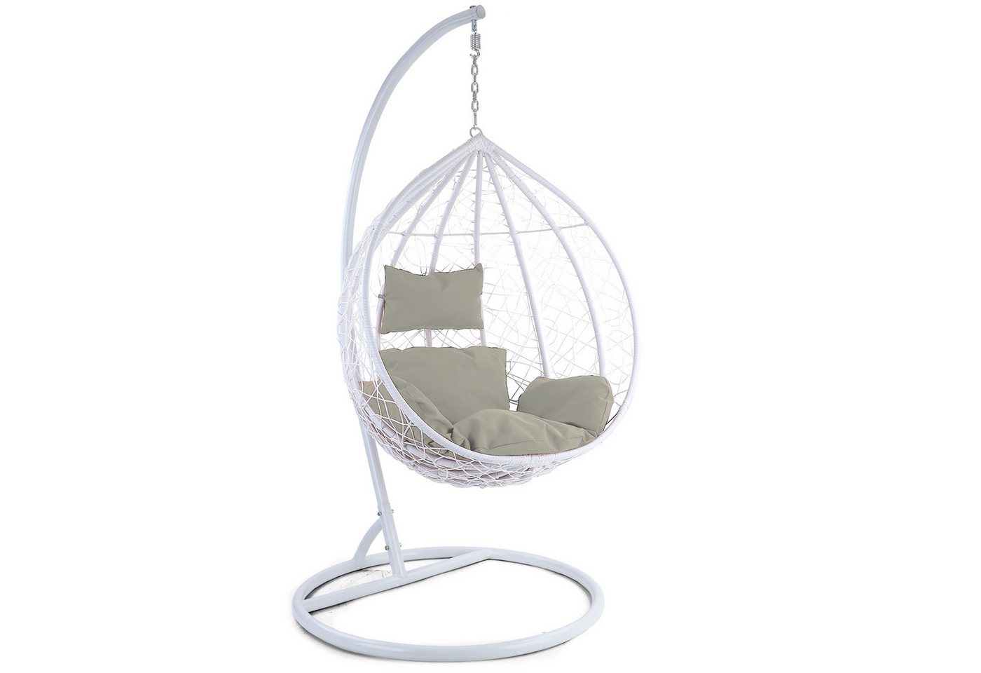 RAMROXX Hängesessel Miami XL Polyrattan Korb weiss Gestell weiss Kissen hellgrau von RAMROXX