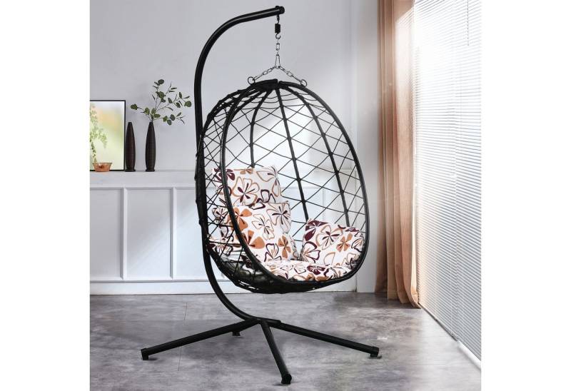 RAMROXX Hängesessel NEW XXL Gestell mit Korb Schwarz und Kissen Blumenmuster von RAMROXX