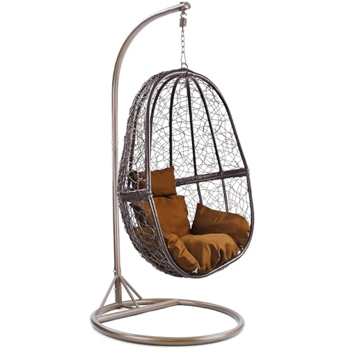 RAMROXX Luxus Hängesessel Fun XL Polyrattan Korb Braun Gestell Braun Kissen Braun von RAMROXX