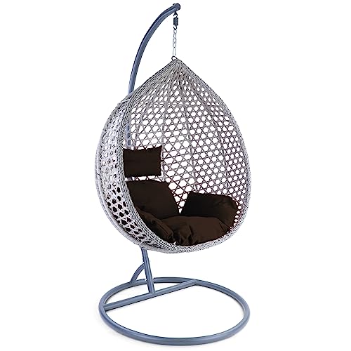 RAMROXX Luxus Hängesessel Style XXL Polyrattan Korb grau Gestell grau Kissen Dunkelbraun von RAMROXX