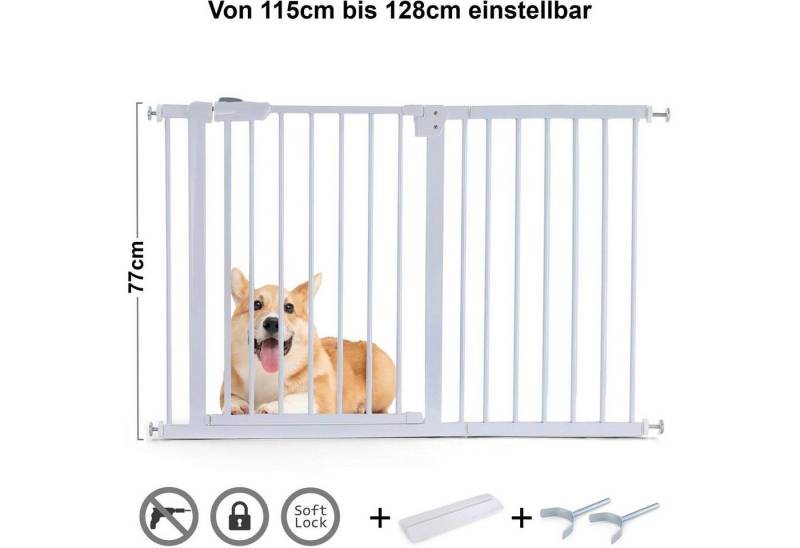 RAMROXX Treppenschutzgitter Absperrgitter Treppenschutz Metall + Rampe + Y Halter 115 -128cm 77cm, Aus Metall, Breite: 72 cm x Höhe: 77 cm von RAMROXX