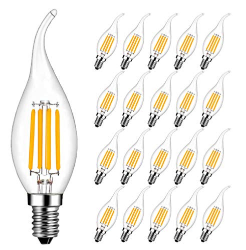 E14 Kerze LED Lampe für Kronleuchter, RANBOO, E14 Glühfaden Retrofit Classic, 4W ersetzt 40 Watt, 400 Lumen, 2700K Warmweiß, Filament Fadenlampe, Glas, nicht dimmbar, 20er Pack von RANBOO