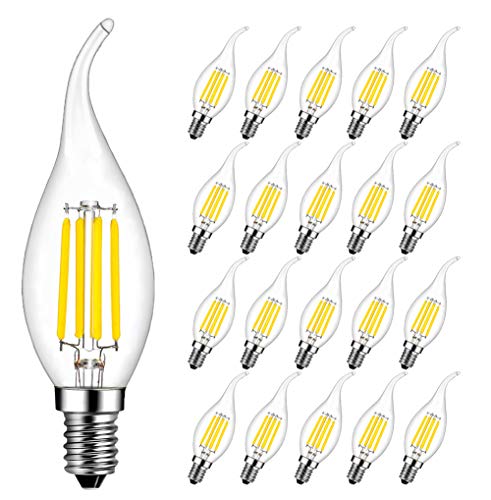E14 Kerze LED Lampe für Kronleuchter, RANBOO, E14 Glühfaden Retrofit Classic, 4W ersetzt 40 Watt, 400 Lumen, 6500K Kaltweiß, Filament Fadenlampe, Glas, nicht dimmbar, 20er Pack von RANBOO