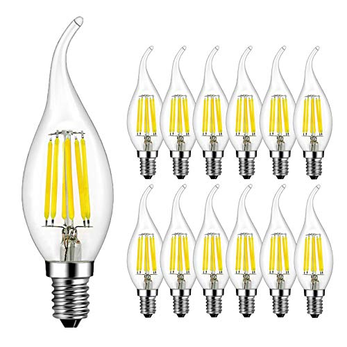 RANBOO E14 Kerze LED Lampe 6W ersetzt 60 Watt 600 Lumen Kaltweiß 6500K C35 Leuchtmittel Filament Fadenlampe für Kronleuchter E14 Glühfaden Retrofit Classic Nicht Dimmbar 12er-Pack von RANBOO