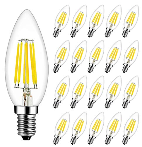 RANBOO E14 LED Kerzenbirnen für Kronleuchter 6W ersetzt 60W 600 LM Kaltweiß 6500K E14 Glühfaden Retrofit Classic Filament Fadenlampe LED Kerzenlampen LED Kerzenleuchten Nicht Dimmbar 20er Pack von RANBOO