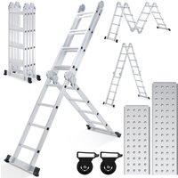 Randaco Multifunktionsleiter Aluminium，Mehrzweckleiter 470cm, 6 in 1 Klappleiter mit 2 Rollen und Plattform, 4 x 4 Silber-Klappbare Vielzweckleiter von RANDACO