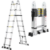 Randaco Teleskopleiter Alu Leichtgewicht Rutschfester 2,5m+2,5m Silber Multifunktionsleiter Mehrzweckleiter Ausziehbare Leiter 15 Stufe Stehleiter von RANDACO
