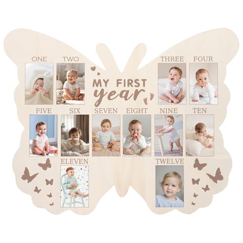 RANERVZ My First Year Foto Display Schild für 12 Monate Holz Einjahr Geburtstag Schmetterling Bilderrahmen Meilenstein Monatstafel Baby 1. Geburtstag Kinderzimmer Dekorationen Baby Andenken von RANERVZ