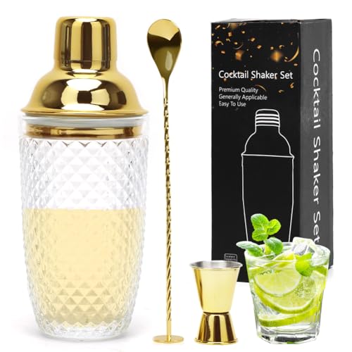 Glas Cocktail Shaker, 400ML Klarglas Cocktailshaker, Cocktailshaker Set,Barzubehör Cocktail Set Cocktailshaker Cocktail Mixer mit Messbecher Barlöffel für Zuhause Bar Shaker,Geschenk Männer (Gold) von RANJIMA