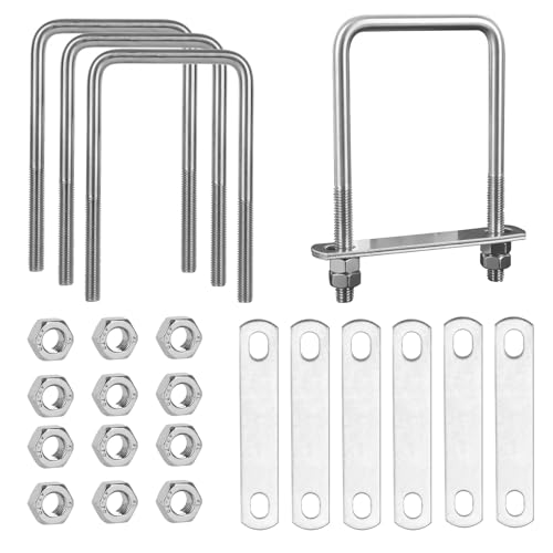 RANJIMA 4 Stück Bügelschraube M10 80x150mm U Schrauben, Quadratisch Edelstahl U Bügel mit Gewinde, U Bolzen mit 8 Muttern und 8 Rahmenplatte für Rohr Befestigung Auto Schiffen Abschleppen von RANJIMA