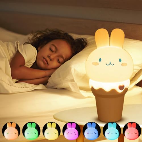 RANJIMA Bunny Silikon Nachtlicht Kinder,Kinder Nachtlicht Dimmbar Stilllicht Baby Nachtlampe,7 Farben LED Nachtlicht USB-Aufladung Touch Lampe,Kinderzimmer Deko Mädchen Geschenke Spielzeug Kinderlampe von RANJIMA