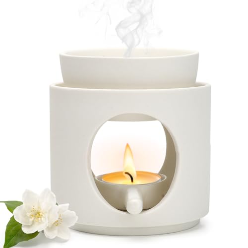 RANJIMA Duftlampe Ambiente Teelicht, Aromalampe aus Keramik mit Teelichthalter, Duftöl und Duftwachs Diffusor, Stövchen für ätherische Öle, Duftöl und Duftwachs, Abnehmbare Schale (Weiß) von RANJIMA