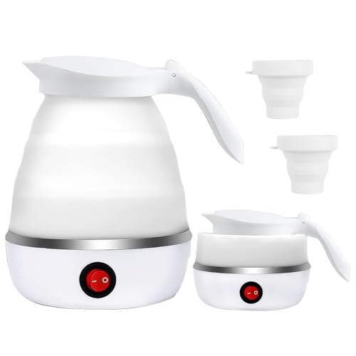 RANJIMA Faltbarer Wasserkocher Klein, 0.6L Camping Wasserkocher Reise Mini Wasserkocher für Unterwegs, Reisewasserkocher Klein Faltbarer Wasserkessel mit 2 Faltbecher für Outdoor Camping Wandern Hotel von RANJIMA