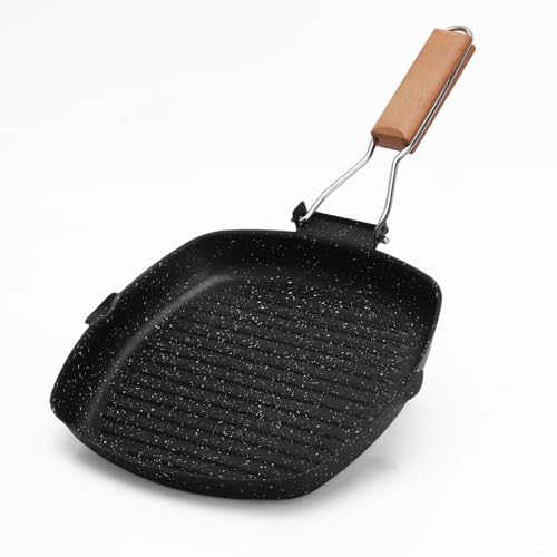 RANJIMA Grillpfanne Induktion, 24x24 cm Steakpfanne Gerillt Steak Pfanne mit Klappbarer Holzgriff und Ausgießer, Viereckige Steinbeschichtet Antihaft Pfanne für Alle Herdarten zum Indoor und Outdoor von RANJIMA