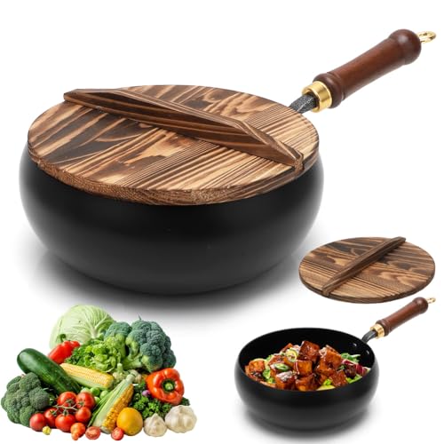 RANJIMA Japanische Eisentopf, Eisenpfanne Geschmiedet mit Holzdeckel, Unbeschichtete Handgeschmiedete Eisenpfanne, 24cm Großer Bauch 24cm Eisenpfanne Pfanne für Induktionsherd und Gasherd, Kochen von RANJIMA