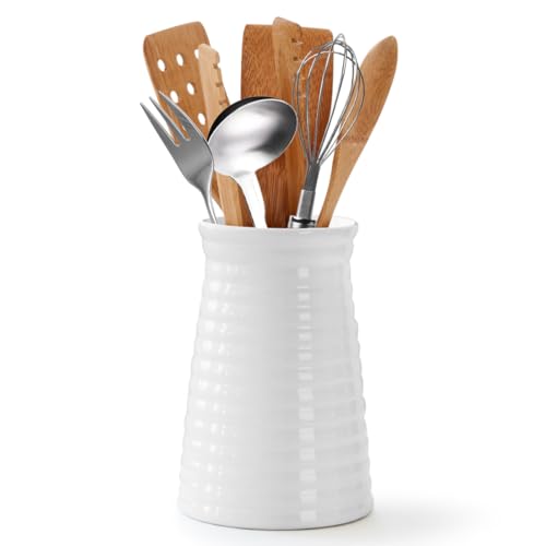 RANJIMA Küchenutensilienhalter Keramik, 14 x 11 cm Utensilienhalter Küche Glasierte Oberfläche Besteckhalter Utensilhalter für Küchentheke, Küchenutensilien Behälter Küchenhelfer Aufbewahrung, Weiß von RANJIMA