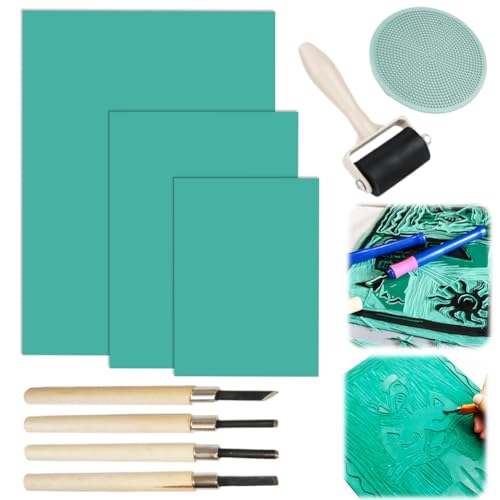 RANJIMA Linoleum Platten Linoldruck Set, Gummistempel Schnitzblöcke A4/A5/A6, Weichgummi Linoldruck Platte zum Gravieren, Flache Oberfläche Linolschnitt Set für Gummi Stempel, Bastel Druckprojekte von RANJIMA