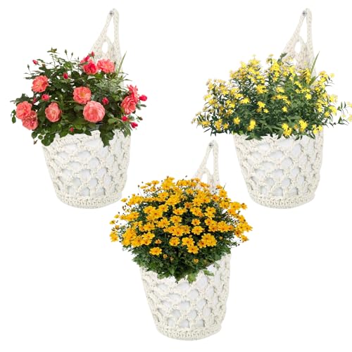 RANJIMA Makramee Blumenampel, 3er Set Blumentopf Hängend, Hängetopf für Pflanzen, Baumwollseil-Hängekorb & Wandvasen, Boho Deko Hängekörbe für drinnen, draußen, Garten, Balkon, Fenster, Wohnzimmer von RANJIMA