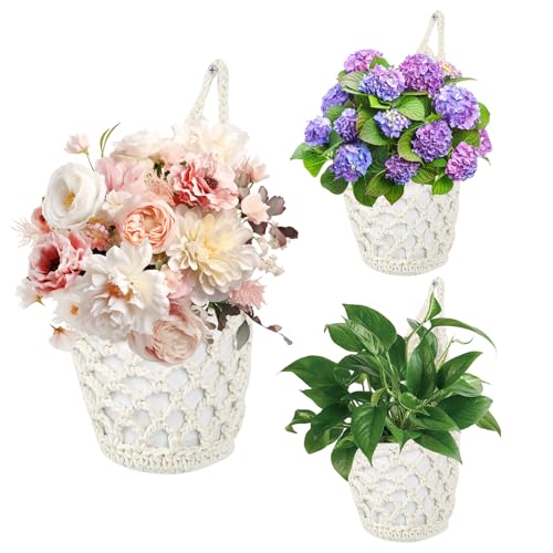 RANJIMA Makramee Blumenampel, Boho Deko Hängekörbe 3er Makramee Set Pflanzen Aufhänger Garten Zimmer Blumentöpfe Seil für Drinnen Draußen Garten Balkon Fenster Wohnzimmer für Balkon Deko Fensterdeko von RANJIMA