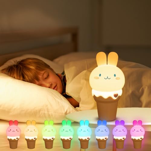 RANJIMA Nachtlicht Kinder, Kawaii Silikon Hase Lampe USB Aufladbar, 7 Farben LED Nachtlicht Touch Dimmbar mit Timer, Baby Stilllicht Tiere Nachttischlampe Kinderzimmer Deko Mädchen Ostern Geschenk von RANJIMA