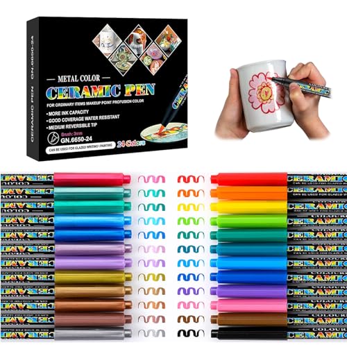 RANJIMA Porzellanstifte Spülmaschinenfest 24 Farben, Keramik Stifte zum Bemalen Set Wasserfester Glasmalstifte Keramikstifte für Zeichnungsmuster und Designkreationen auf Porzellan Tassen und Glas von RANJIMA