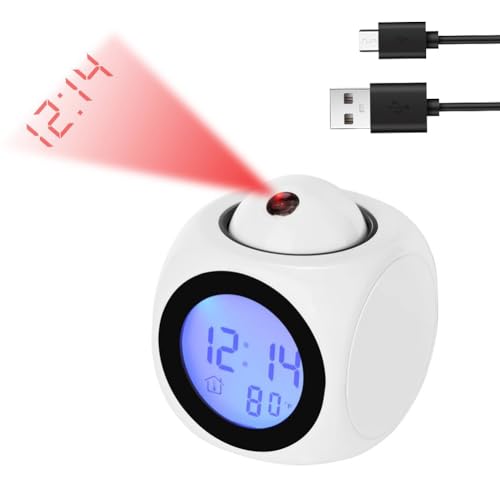 RANJIMA Projektionswecker, Wecker mit Projektion, Digitaluhr LED Projektor Tischuhr mit Temperatur USB Aufladbar Sprachfunktion LCD Digital Temperaturanzeige Snooze für Kinder ältere Schlafzimmer,Weiß von RANJIMA