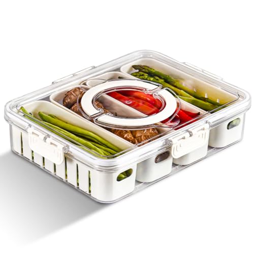 RANJIMA Snackschale mit Deckel,Snackteller mit Fächern,Auslaufsicher Herausnehmbare Geteilte Tabletts Snackbox Frischhaltedose für SüßIgkeiten Candy Snacks Veggie Keks Nüsse Desserts Obst(4 Fächern) von RANJIMA
