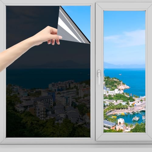 RANJIMA Spiegelfolie Selbstklebend Sonnenschutzfolie Fenster innen & außen 40 * 200cm Spiegelfolie Fenster Sichtschutz UV-Schutz Reflektierende Fensterfolie Einseitig Blickdicht Silber Thermofolie von RANJIMA