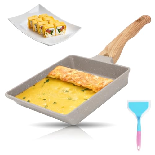 RANJIMA Tamagoyaki Omelette Pfanne, Rechteckige Japanische Omlettenpfanne mit Isoliertem Holzgriff, Aluminium Antihaft Eierpfanne für Induktion & Gasherd, Tamago Pfanne Bratpfanne, 19 x 16 cm (Weiß) von RANJIMA