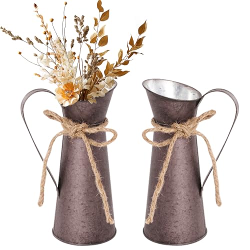 RANJIMA Vintage Deko Metall Blumenvase Set,2er Küchen Deko Milch kann Krug Vasen Deko Landhausstil Deko Retro Deko Tischdeko Fensterdeko für Kunstpflanzen Hochzeitsdeko Garten Tischdeko von RANJIMA
