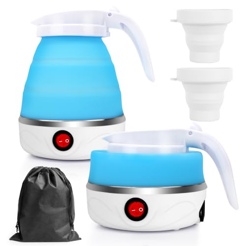 RANJIMA Wasserkocher Faltbar, 0,6L Tragbarer Camping Wasserkocher Elektrischer Wasserkocher Mini Reisewasserkocher Klein Silikon Faltbarer Wasserkessel mit 2 Faltbecher für Camping Reise Outdoor, Blau von RANJIMA