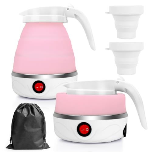 RANJIMA Wasserkocher Faltbar, 0.6L Tragbarer Camping Wasserkocher Elektrischer Wasserkocher Mini Reisewasserkocher Klein Silikon Faltbarer Wasserkessel mit 2 Faltbecher für Camping Reise Outdoor, Rosa von RANJIMA
