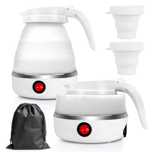 RANJIMA Wasserkocher Faltbar, 600ml Camping Wasserkocher Tragbarer Elektrischer Wasserkocher Mini Reisewasserkocher Klein Silikon Faltbarer Wasserkessel mit 2 Faltbecher für Camping Reise Outdoor von RANJIMA
