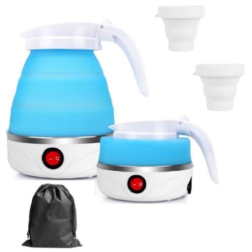 RANJIMA Wasserkocher Faltbarer Elektrisch, 0.6L Camping Faltbarer Wasserkessel Mini Wasserkocher für Unterwegs, Klein Silikon Reisewasserkocher mit 2 Faltbaren Becher für Reisen, Outdoor, Urlaub von RANJIMA
