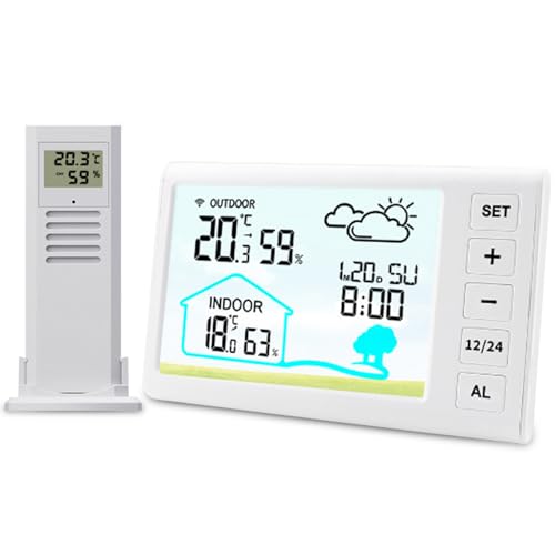 Wetterstationen, Wetterstation Funk mit Außensensor Digital Thermometer Innen und Außen Digital Farbdisplay DCF-Funkuhr mit Wettervorhersage Uhrzeitanzeige Wecker uhr Genaue Vorhersagen von RANJIMA